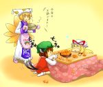  chen food fruit hana_azuki kotatsu orange oven_mittens oven_mitts table touhou translation_request yakumo_ran yakumo_yukari 