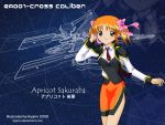  00s 1girl apricot_sakuraba blue_background blush broccoli_(company) character_name cross_caliber flower galaxy_angel galaxy_angel_rune orange_skirt pencil_skirt ribbon salute skirt solo twintails 