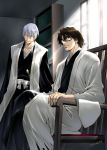  2boys aizen_sousuke bleach brown_hair closed_eyes glasses haori ichimaru_gin japanese_clothes kedo_mitsuharu male_focus multiple_boys silver_hair 