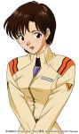  1girl androgynous blush brown_eyes brown_hair hamaya_shin&#039;ichi ibuki_maya neon_genesis_evangelion open_mouth raglan_sleeves shinichi_hamaya short_hair solo uniform very_short_hair white_background 