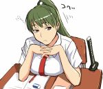  1girl desk eraser green_hair original paper solo sword weapon yizumi 