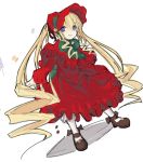  00s 1girl blonde_hair blush bonnet bow bowtie closed_mouth dress drill_hair dutch_angle frills full_body green_bow green_bowtie long_hair looking_at_viewer lowres mary_janes nanami_natsuki pantyhose red_dress rozen_maiden shinku shoes sidelocks simple_background smile solo standing very_long_hair white_background white_legwear 
