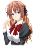  1girl bangs big_wednesday blue_eyes bow bowtie brooch brown_hair hair_ribbon half_updo hand_in_hair itsukushima_takako jewelry juliet_sleeves long_hair long_sleeves looking_at_viewer otome_wa_boku_ni_koishiteru puffy_sleeves redhead ribbon school_uniform serafuku simple_background solo underbust upper_body white_background 