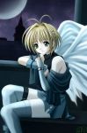  1girl androgynous artist_request blonde_hair copyright_request solo thigh-highs wings 
