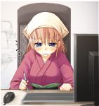  1girl computer japanese_clothes jirou_(chekoro) kimono solo yukata 