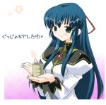  00s 1girl blue_hair blush broccoli_(company) cup galaxy_angel green_tea half_updo karasuma_chitose long_hair ribbon solo tea 