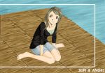  1girl barefoot blue_eyes brown_hair feet hokakushi_(bdg) original shorts sitting solo wariza 