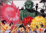  3boys 4girls 90s :o ^_^ arms_up bangs black_hair blonde_hair blue_hair blush bow bowtie brown_hair buttons chibi closed_eyes constricted_pupils dragon_half elf friends gakuran green_eyes hair_between_eyes leaf long_hair long_pointy_ears looking_at_viewer lufa lufa_(dragon_half) lying mappy_(dragon_half) mink mink_(dragon_half) mita_ryuusuke mouse multiple_boys multiple_girls no_nose official_art on_side outstretched_arms pia pia_(dragon_half) pink_eyes pink_hair pointy_ears red_eyes redhead scan school_uniform short_hair smile spiky_hair spread_arms statue traditional_media uniform v veena veena_(dragon_half) 