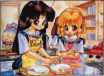  2girls 90s apron cooking dragon_half lufa_(dragon_half) multiple_girls 