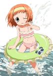  1girl asatte_no_houkou bikini blue_eyes blush flat_chest hairband innertube iokawa_karada leaning_forward makinon_tm midriff one_eye_closed orange_hair short_hair solo splashing striped striped_bikini striped_swimsuit swimsuit tankini water wink 