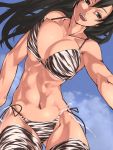  1girl 3 abs bikini black_eyes black_hair breasts female huge_breasts large_breasts muscle navel number patterned_legwear solo sun-3 swimsuit thigh-highs thighs toned zebra_print 