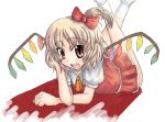  1girl arm_support ascot blonde_hair blush bow eyebrows eyebrows_visible_through_hair fang female flandre_scarlet hair_bow head_rest legs_up looking_at_viewer lying on_stomach open_mouth puffy_short_sleeves puffy_sleeves red_bow red_eyes red_skirt short_sleeves side_ponytail skirt socks solo touhou white_legwear wings 