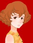  1girl brown_eyes brown_hair looking_at_viewer lowres red_background red_garden rose_sheedy short_hair simple_background sleeveless solo 
