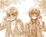  2boys code_geass glasses kururugi_suzaku lelouch_lamperouge male_focus monochrome multiple_boys orange_(color) 