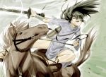  1girl 3 3_(artist) black_eyes black_hair horse horseback_riding number quiver reins riding solo sun-3 sword weapon 