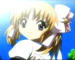  00s 1girl apricot_sakuraba bangs blonde_hair broccoli_(company) buruma flower galaxy_angel galaxy_angel_rune gym_uniform hairband headband looking_at_viewer looking_back ribbon short_hair smile solo twintails 