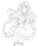  1boy bow crossdressinging dress frills hair_bow happiness! long_hair male_focus monochrome outline ryo solo thigh-highs trap watarase_jun white_background 