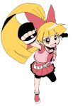  &gt;:d 1girl :d akazutsumi_momoko ankleband artist_request bangs belt blonde_hair bow brown_eyes fingerless_gloves from_above full_body gloves hair_bow hyper_blossom long_hair looking_at_viewer oekaki open_mouth powerpuff_girls powerpuff_girls_z raised_fist shoes simple_background skirt smile solo standing standing_on_one_leg very_long_hair vest white_background wristband 