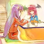  2girls bespectacled book casual crescent crescent_hair_ornament female glasses hair_ornament head_wings koakuma kotatsu multiple_girls nokishita patchouli_knowledge reading table the_embodiment_of_scarlet_devil touhou 
