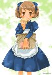  1girl apple apron book bow brown_hair food fruit holding holding_book holding_fruit kurafuji_sachi original picnic_basket solo 