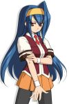  1girl aq_interactive arcana_heart atlus blue_hair examu hairband long_hair orange_eyes orange_skirt pantyhose saki school_uniform serafuku shimamura_miwa skirt solo tsuzura_saki 