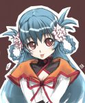  1girl :p blue_hair braid breasts capelet china_(yogurting) cleavage cleavage_cutout flower hair_flower hair_ornament long_hair red_eyes ribbon simple_background small_breasts solo tongue tongue_out turtleneck twin_braids yogurting 