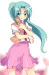  1girl aqua_hair bangs blue_eyes blush contrapposto cowboy_shot eyebrows eyebrows_visible_through_hair food higurashi_no_naku_koro_ni holding long_hair looking_at_viewer mei parted_bangs pink_skirt pleated_skirt shirt short_sleeves simple_background skirt solo sonozaki_mion standing subaru_(yachika) toast white_background white_shirt 