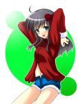  00s 1girl :d ahoge arima_miyako arms_up black_hair blush cowboy_shot cutoffs flower green_eyes hands_in_hair looking_at_viewer melty_blood midriff navel open_mouth shima-shuu short_shorts shorts smile solo standing stomach tsukihime two-tone_background type-moon 