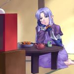  1girl barefoot blue_eyes blue_hair braid caster cup downbooru dress eating fate/stay_night fate_(series) food gloves head_rest kneeling long_hair lowres oekaki pointy_ears senbei side_braid sitting solo table tatami tea television wariza watching_television zen 