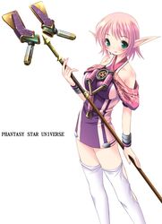  1girl aqua_eyes bracelet breasts copyright_name green_eyes halterneck jewelry light_smile phantasy_star phantasy_star_universe pink_hair pointy_ears shiragi short_hair skirt sleeveless solo staff standing text thigh-highs weapon white_background white_legwear zettai_ryouiki 