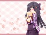  1girl adjusting_hair arrow_print bangs bashamichi black_hair blue_eyes blunt_bangs blush bow breasts cleavage female haikara hair_bow hakama highres japanese_clothes long_hair nakajima_yuka original smile solo waitress wallpaper yagasuri 