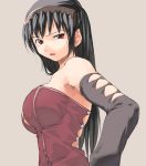  1girl 3 bare_shoulders black_hair breasts elbow_gloves gloves hairband huge_breasts large_breasts long_hair number open_mouth red_eyes sun-3 tubetop 