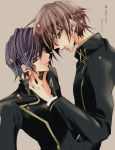  2boys beige_background black_hair brown_eyes brown_hair closed_mouth code_geass kururugi_suzaku lelouch_lamperouge lips long_sleeves looking_at_viewer male_focus military military_uniform multiple_boys profile purple_hair simple_background standing uniform upper_body violet_eyes yaoi 