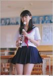  asian classroom desk flute instrument photo recorder school_uniform serafuku 
