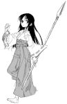  barefoot feet japanese_clothes miko monochrome original polearm satou_atsuki spear weapon 