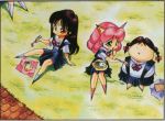  3girls 90s artist_request character_request dragon_half multiple_girls obentou school_uniform serafuku 