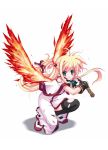  1girl arisa_bannings burning_arisa crossover fiery_wings lyrical_nanoha magical_girl mahou_shoujo_lyrical_nanoha minamura_haruki parody shakugan_no_shana solo sword thigh-highs weapon wings 