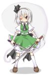  &gt;:&lt; 1girl ;&lt; ascot bandage bandaid bandaid_on_face bloomers blush cappccino closed_mouth dual_wielding female full_body hitodama holding holding_sword holding_weapon katana kneehighs konpaku_youmu konpaku_youmu_(ghost) one_eye_closed serious short_hair solo standing sword touhou underwear weapon white_legwear 