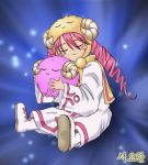  1girl blush_stickers closed_eyes duel duel_monster hug long_hair lowres miirkat monster pikeru pink_hair redhead scapegoat sitting smile twintails white_magician_pikeru yu-gi-oh! 