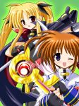  2girls bardiche belt blonde_hair blue_eyes bow brown_hair buckle cape fate_testarossa fingerless_gloves gauntlets gloves hair_ribbon long_hair looking_at_viewer lyrical_nanoha magazine_(weapon) magical_girl mahou_shoujo_lyrical_nanoha mahou_shoujo_lyrical_nanoha_a&#039;s multiple_girls one_eye_closed raising_heart red_bow red_eyes redhead ribbon smile staff takamachi_nanoha thigh-highs twintails uniform very_long_hair violet_eyes waiai 