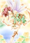  1girl ankle_lace-up anklet armlet barefoot bracelet braid cross-laced_footwear fairy feet flower hands_clasped jewelry kusui_aruta original pointy_ears redhead solo thigh_strap twin_braids violet_eyes wings 
