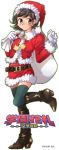  1girl bag belt black_hair blue_eyes blush boots brown_hair christmas cpmstar_pid earrings full_body fur_trim gakuen_hanafuda_gouka_kenran gloves green_legwear grey_eyes hanadate_mayu hat jewelry kerorin knee_boots leg_up logo sack santa_costume santa_hat short_hair simple_background solo standing standing_on_one_leg star star_earrings thigh-highs transparent_background watermark web_address white_gloves zettai_ryouiki 