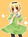  1girl banana blonde_hair blush dress food fruit higurashi_no_naku_koro_ni holding holding_fruit houjou_satoko pantyhose solo suzushiro_kurumi 