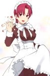  1girl apple apron bazett_fraga_mcremitz blush breasts crush crushing earrings fate/hollow_ataraxia fate/stay_night fate_(series) food fruit jewelry large_breasts maid maid_apron red_eyes redhead short_hair solo takenashi_eri 