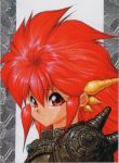  1girl 90s armor dragon_half horns long_hair mink mink_(dragon_half) red_eyes redhead solo 