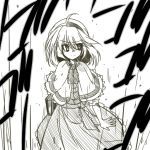  1girl ahoge alice_margatroid book capelet dress female hairband kiku_hitomoji lolita_hairband looking_to_the_side monochrome sash short_hair solo touhou 