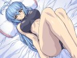  1girl alicia_(brave_soul) alicia_mcfadden bed blue_hair bra brave_soul breasts game_cg lingerie long_hair mogudan pillow solo sports_bra underwear violet_eyes 