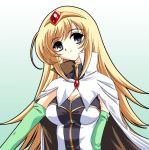  00s 1girl bangs blonde_hair breasts broccoli_(company) cape circlet cleavage galaxy_angel galaxy_angel_rune gloves gradient gradient_background grey_eyes kahlua_marjoram large_breasts long_hair looking_at_viewer simple_background smile solo tiara 