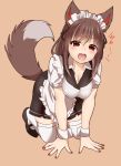  1girl all_fours animal_ears apron breasts brown_hair cleavage dress fingernails imaizumi_kagerou large_breasts looking_at_viewer maid maid_apron maid_headdress nail_polish open_mouth red_eyes red_nails ruri_tsubame solo tail thigh-highs touhou waist_apron white_legwear wolf_ears wolf_tail wrist_cuffs 
