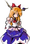  1girl bow brown_eyes chains clenched_hand female gourd hair_bow horn horn_ribbon horns ibuki_suika long_hair neki-t oekaki oni_horns orange_hair ribbon shirt skirt skirt_set sleeveless sleeveless_shirt smile solo touhou wrist_cuffs 